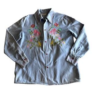 La Fiesta VTG Mexican Mushroom Whimsy Embroidered Snap Front Chambray Shirt S